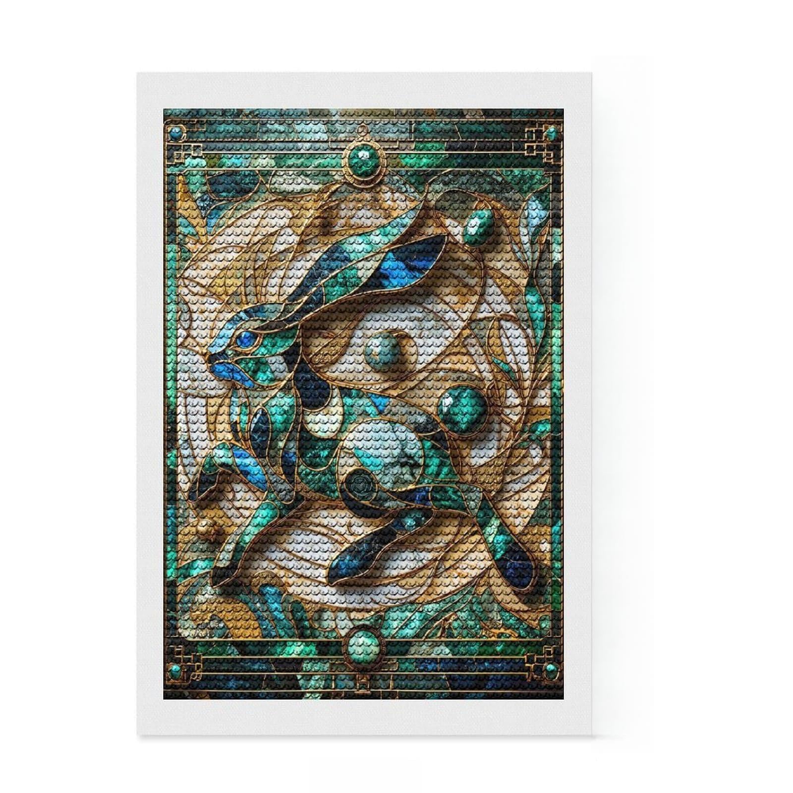 Junmoney Abstract Rabbit Kintsugi 5D Diamond Painting Kit 8"x12", Round Gems, Living Room Decor, Decorative Artwork, Vintage Style Decor