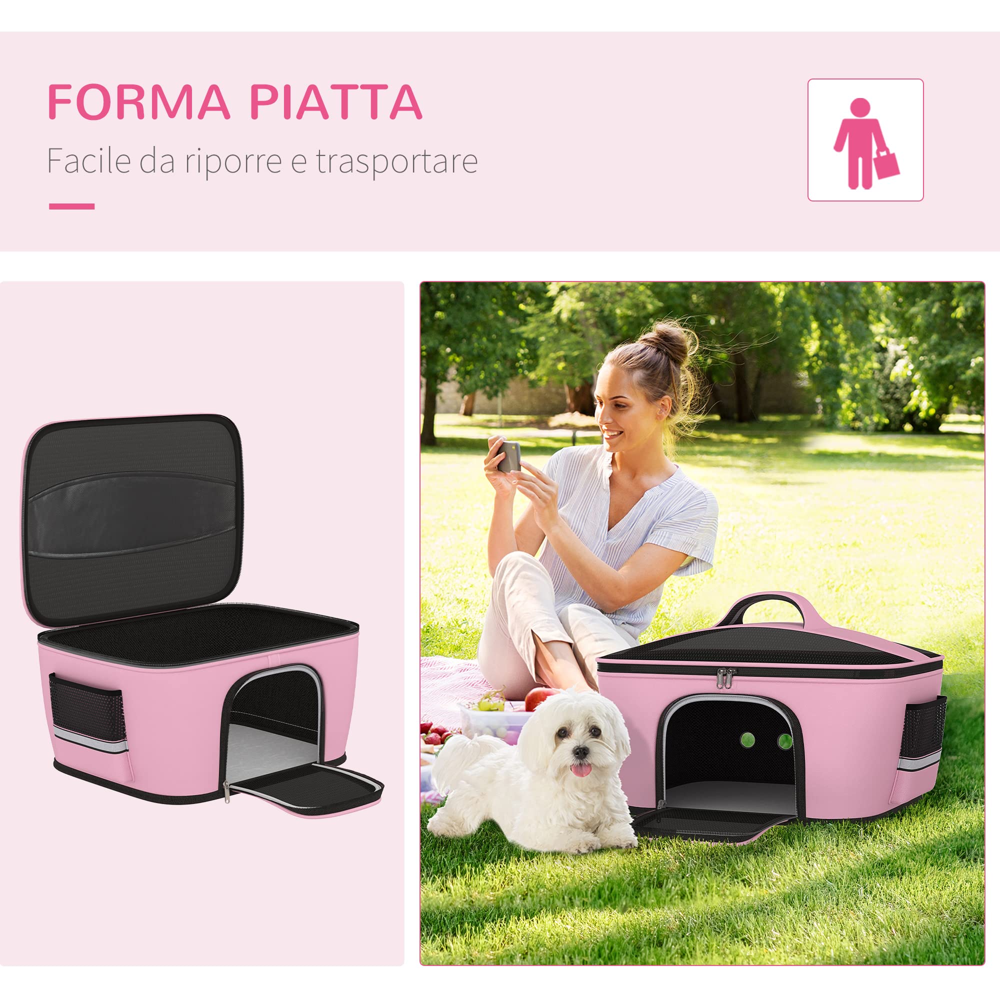 PawHut Trasportino per Gatti e Cani con 2 Porte a Cerniera, Borsa per Cani con Tasche e Cuscino, 50x35x36cm, Rosa