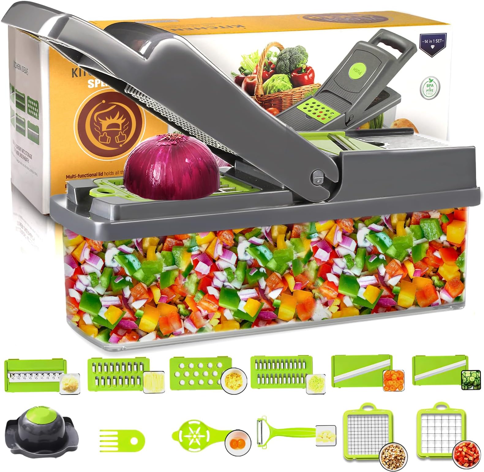 SPLMIFA Vegetable Chopper - Adjustable Slicer Kitchen Gift Gadget for Salad Potatoes Carrots Garlic with Container Onion Professional Food 12 in 1 Gray