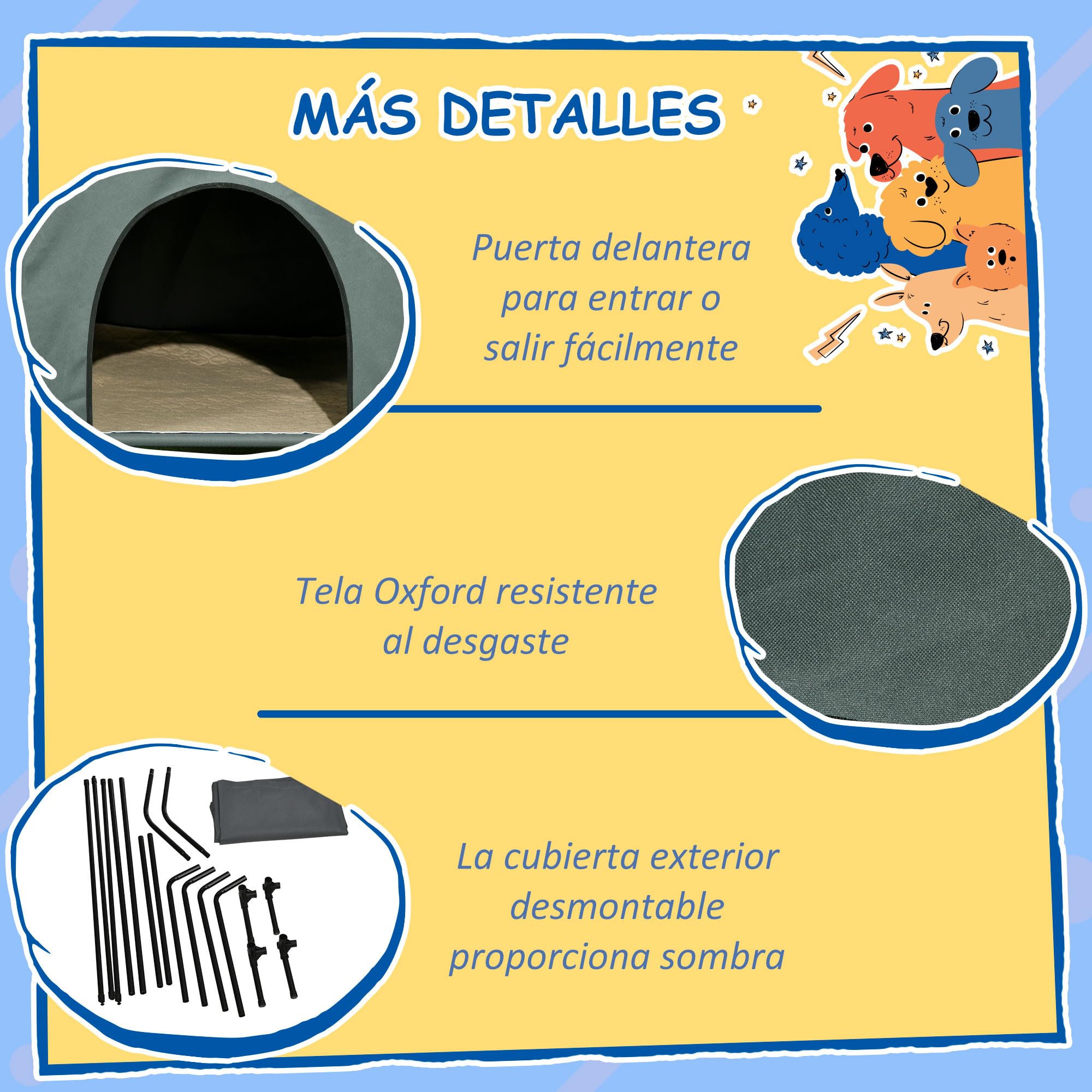 PawHut Caseta para Perros 130x85x95 cm Cama para Perros con Cojín Ventanas de Malla Enrollable y Cubierta Exterior para Perros Grandes Gris