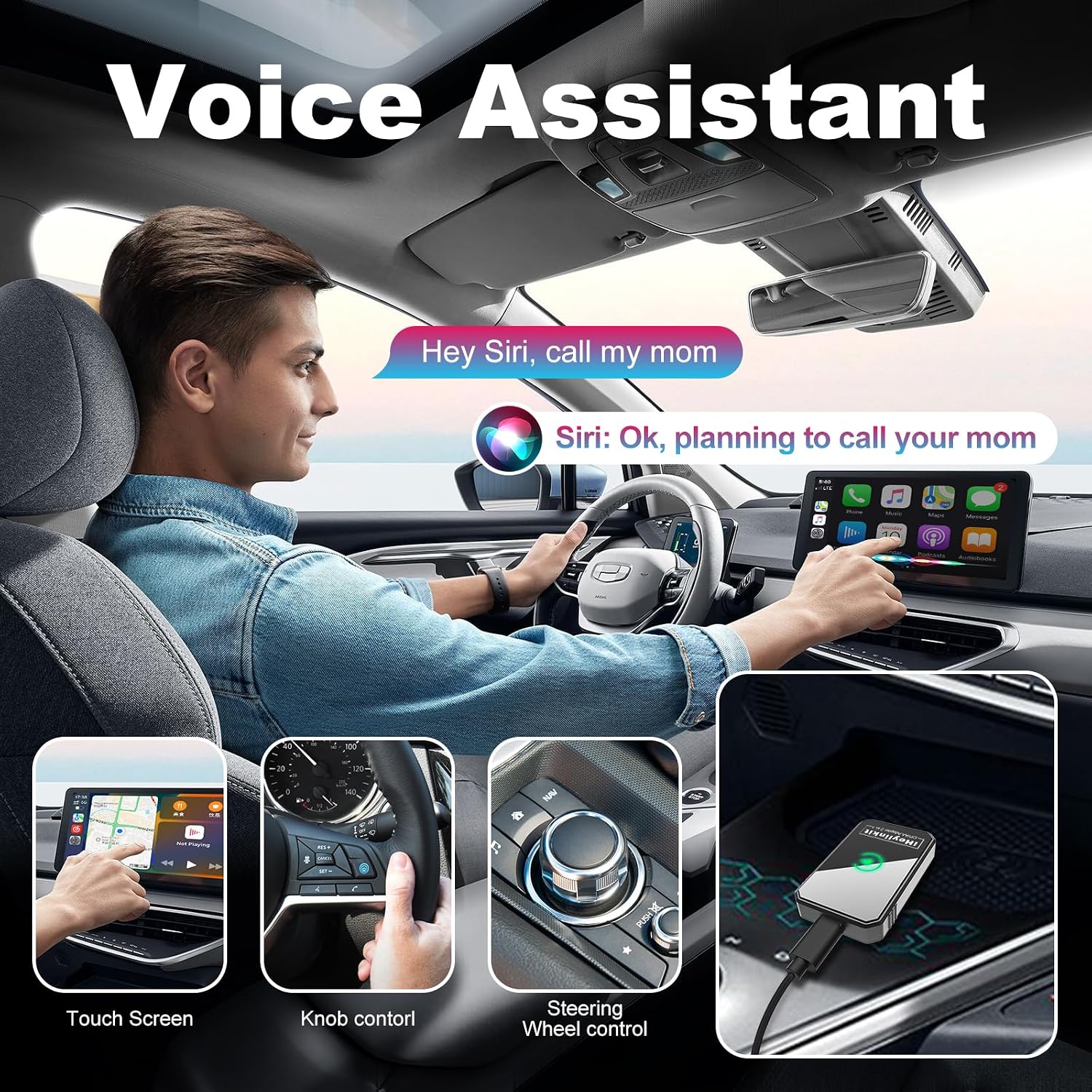 Image demonstrating voice assistant functionality with a driver speaking to Siri, along with icons for touch screen, knob control, and steering wheel control.