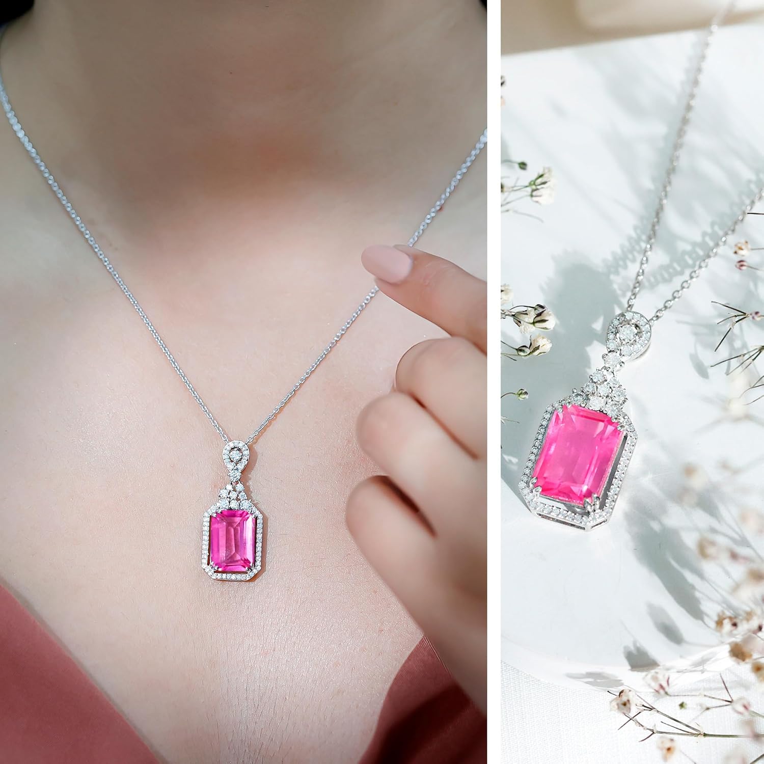 Certified 9 Carat Lab Grown Pink Sapphire Vintage Necklace With Silver Chain, Aaaa Quality, Pink Sapphire Bridal Necklace - Image 2