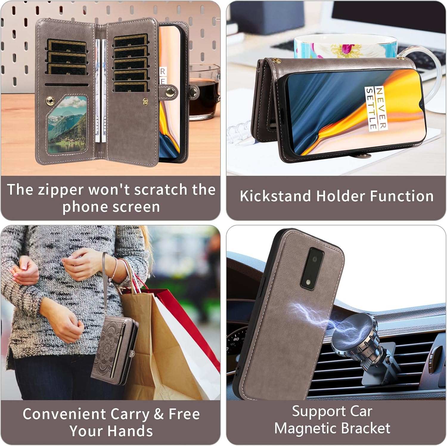 Asuwish Phone Case for Tracfone BLU View 4 B135DL Zipper Wallet Detachable Cell Cover with Tempered Glass Screen Protector Crossbody Strap Flower Card Holder Blue View 2 2023 View4 135DL Women Gray