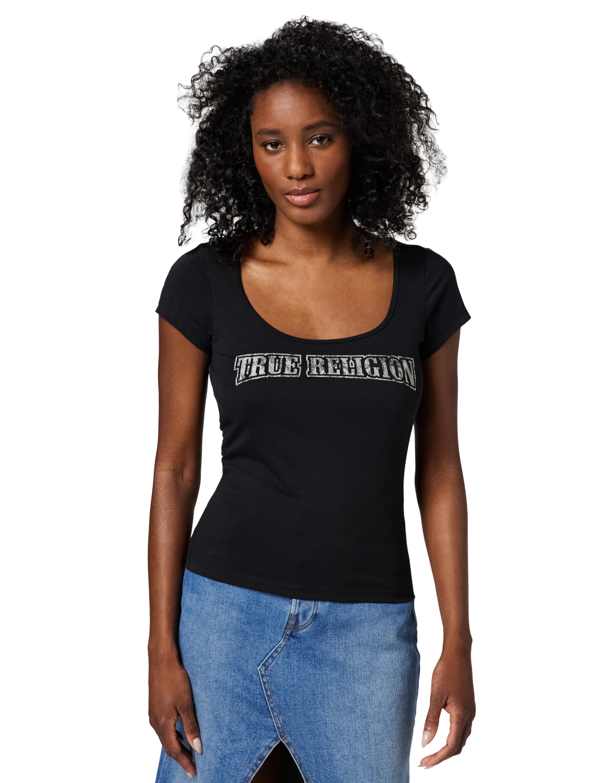 True Religion Women's Camo Square Neck Top, Black, XL