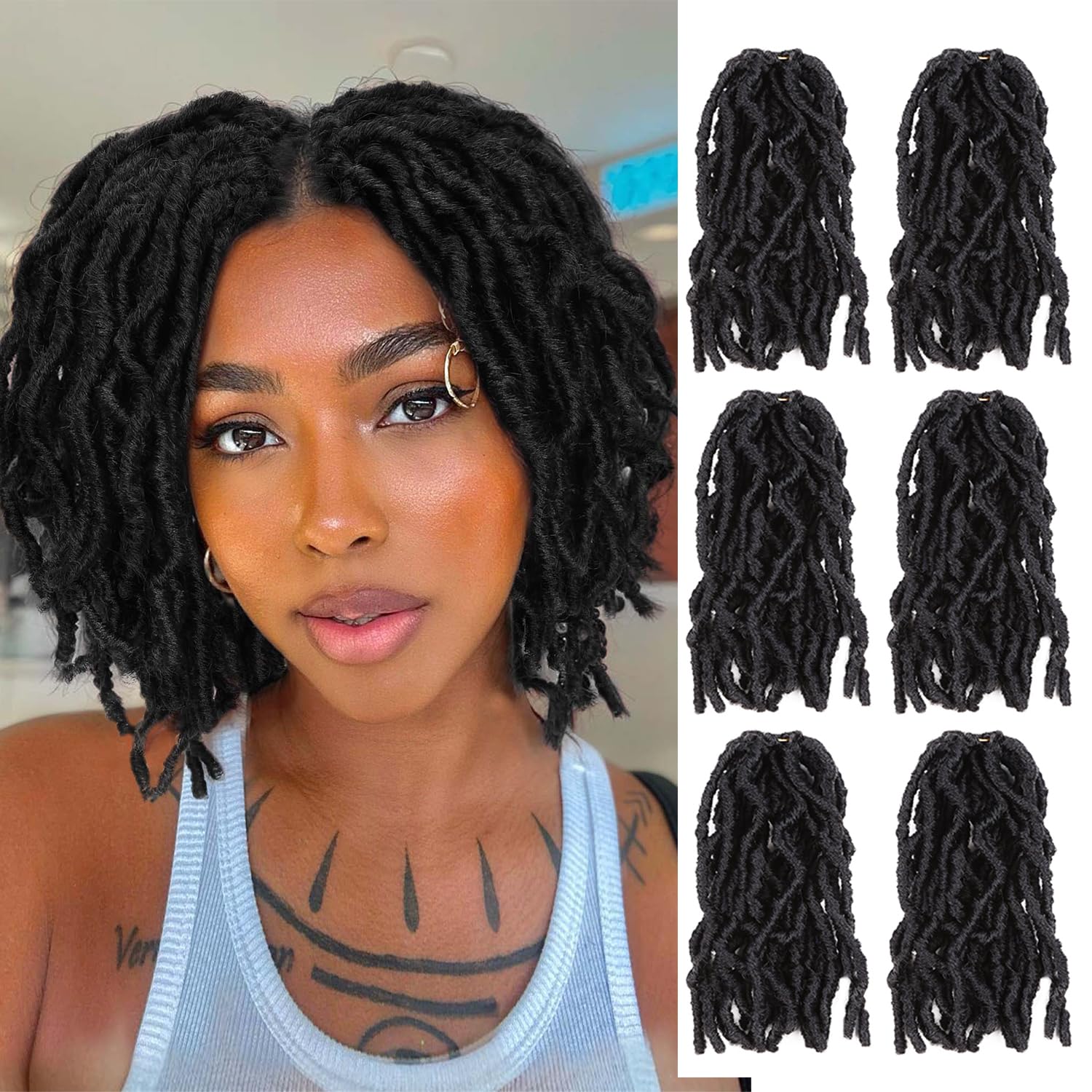 Faux Locs Crochet Hair 8 Inches Short Curly Dreadlocks for Black Women Pre Looped Short Wavy Soft Locs Natural Black Crochet Dreads Braiding in Hair Extensions (6 Packs 120 Strands, 1B)