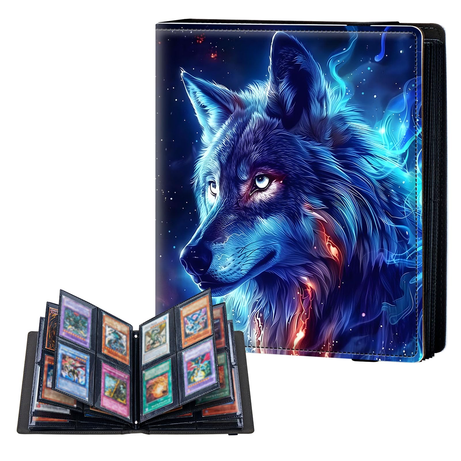 ETLKJVBL 4 Pocket Trading Card Binder, Card Collection Binder for TCG, MTG, Sports Cards, Baseball, Blue Wolf Trading Card Book Holder for Collectors, Top Loader Binder