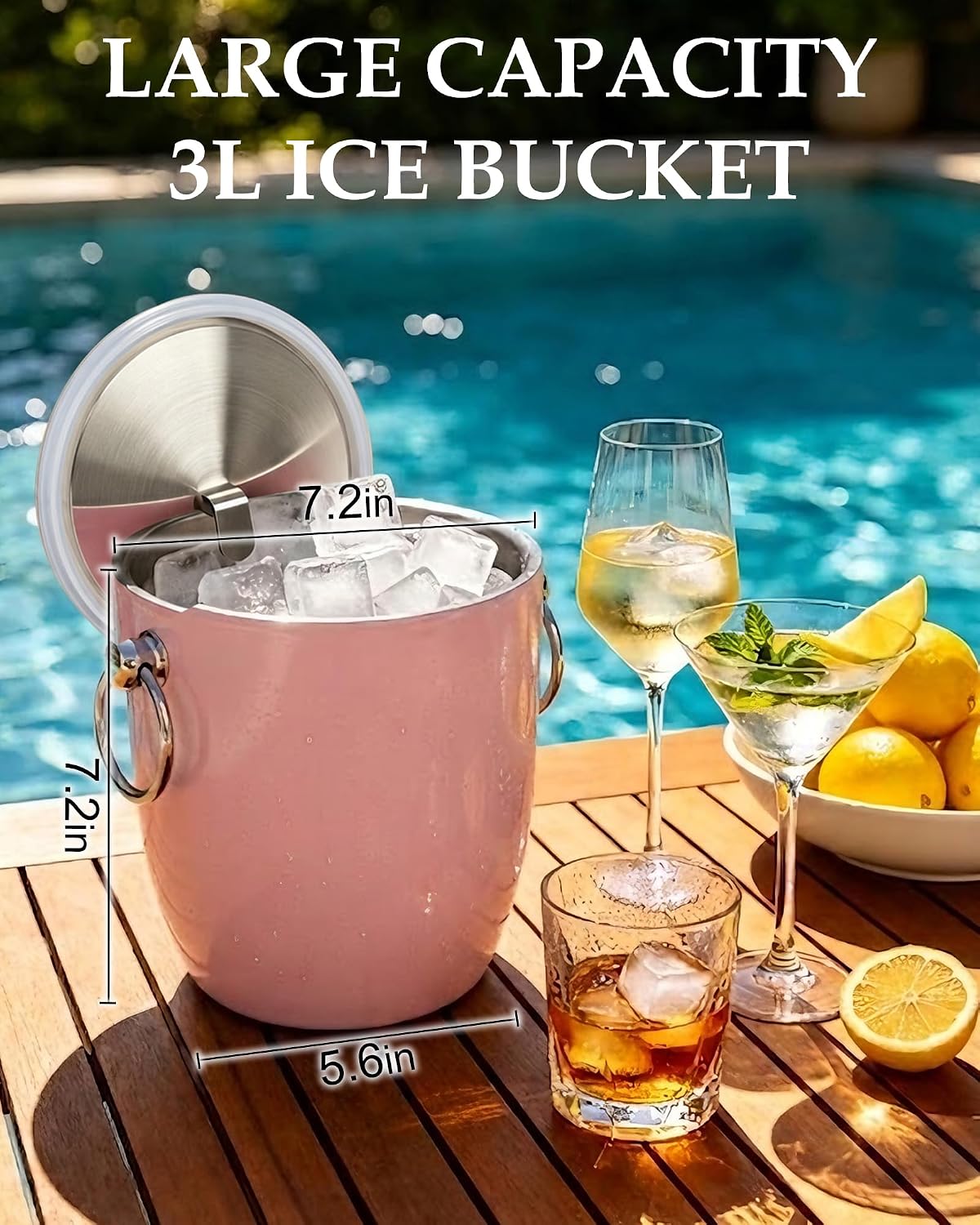 3 Liters Ice Bucket, Double Wall Stainless Steel, Insulated Ice Bucket, Including Strainer & Ice Cover Ice Tongs, Scoope,Pink