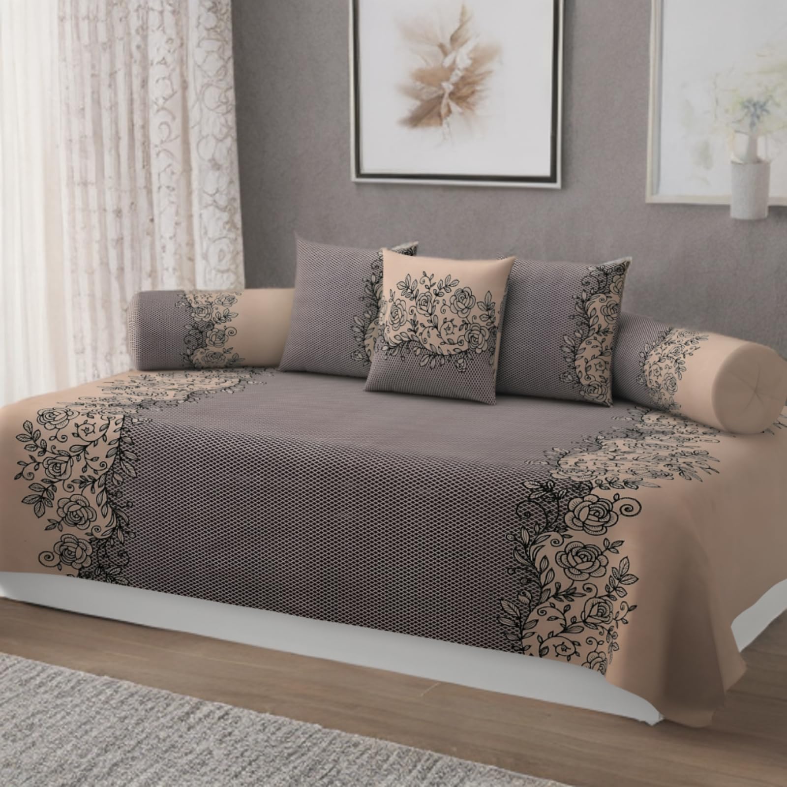 280 TC Cotton Blended Printed Diwan Cover Set with 2 Bolster Covers and 3 Cushion Covers (Pack of 6)| Glace Cotton Diwan Bedsheet Set Brown and Beige Color 11-image-6