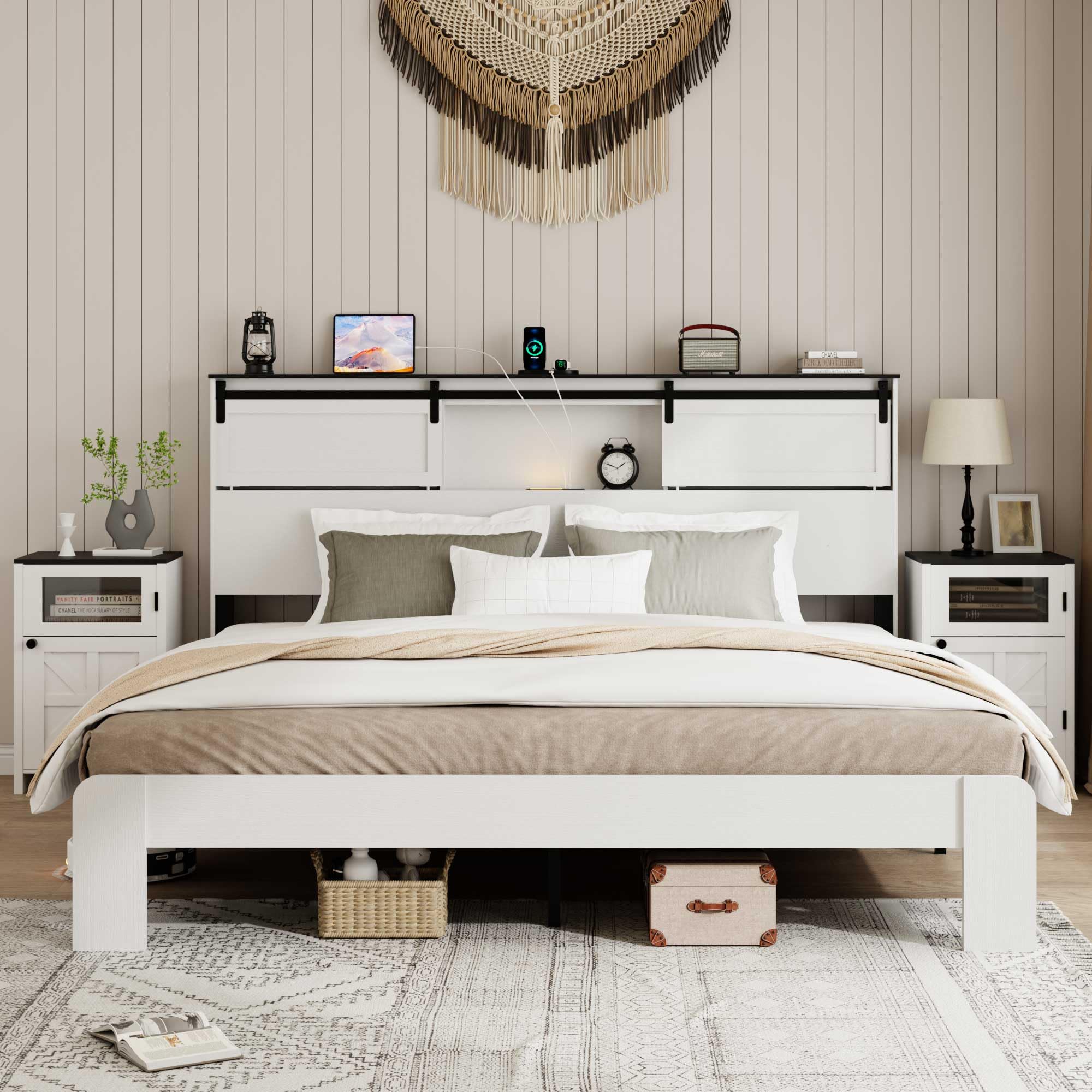 Photo 1 of [Screws are missing. Bed frame is damaged] Ball & Cast King Bed Frame with Storage Headboard & Built in Charging Station,Farmhouse Platform Bed Frame Queen Size with Wood Slats Support,No Noise,No Box Spring Needed, White