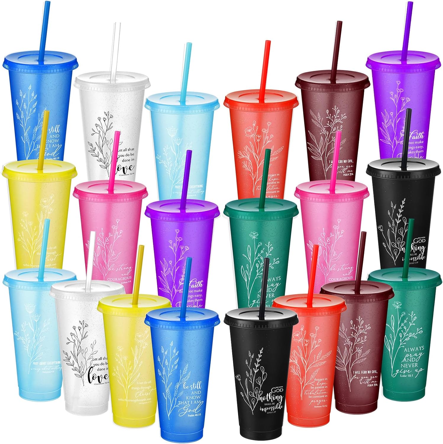 20 Pcs Christian Gift Bulk Christian Tumbler Plastic Bible Verse Scripture Cups Bulk 24oz Religious Church Coffee Cup for Sunday School Valentines Party Gift (Colorful)