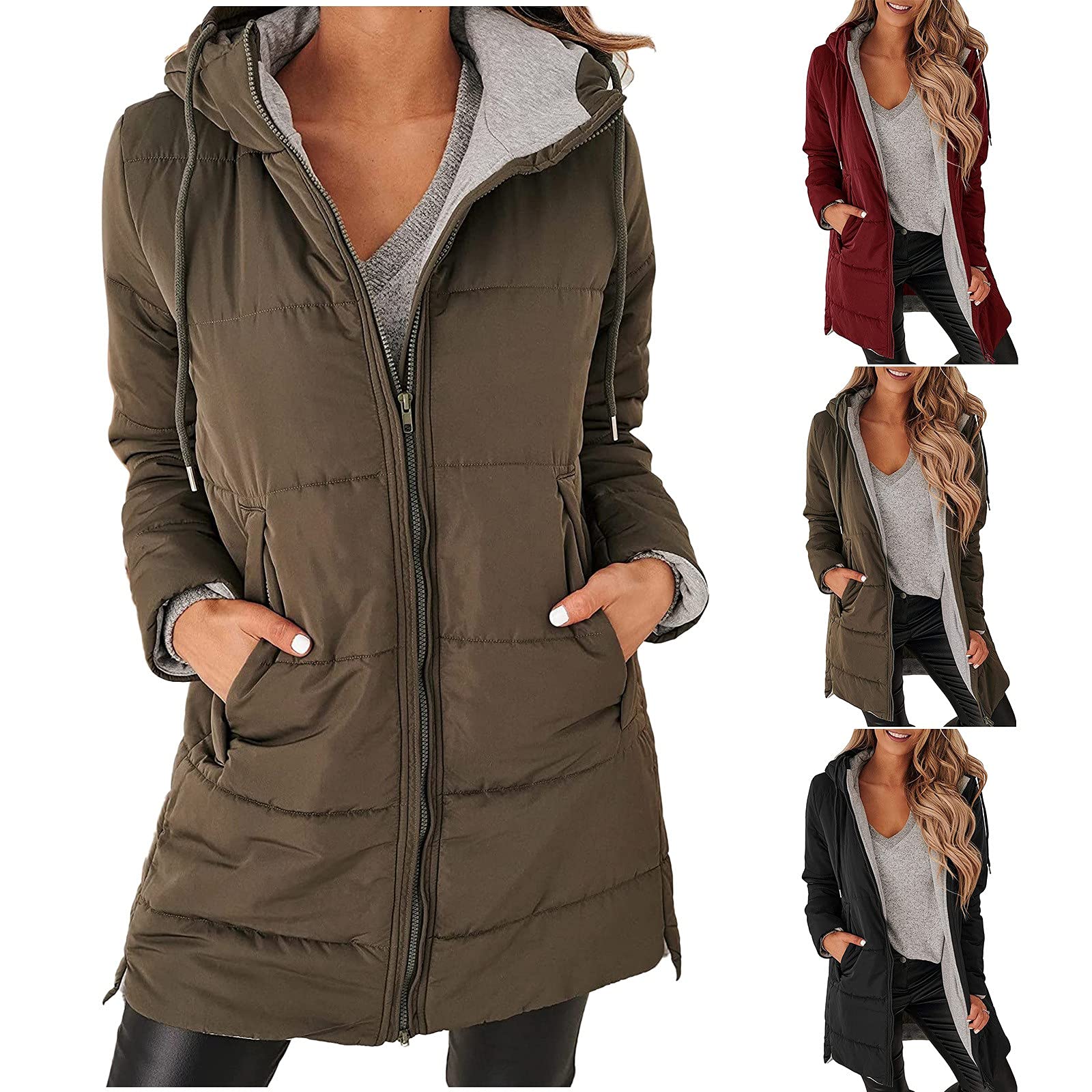 Abrigo acolchado largo para mujer, abrigo con capucha, abrigo de invierno, cálido, chaqueta con capucha con cremallera, bolsillos, chaqueta de invierno para mujer, chaqueta acolchada larga con