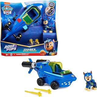 PAW PATROL, Aqua Pups - Basis Fahrzeug Spielzeugauto im Hai-Design mit Chase Welpenfigur, Spielzeug geeignet für Kinder ab 3 Jahren