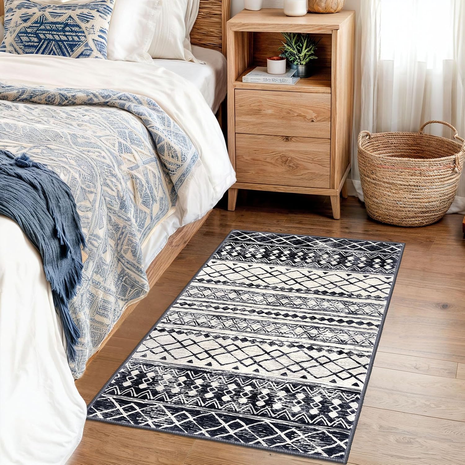 KUTA Moroccan Area Rugs 2x3, Black Navy Blue Entryway Rug Non-Slip Washable Small Indoor Door Mat, Ultra Soft Print Vintage Geometric Low-Pile Floor Carpet for Entrance, Kitchen