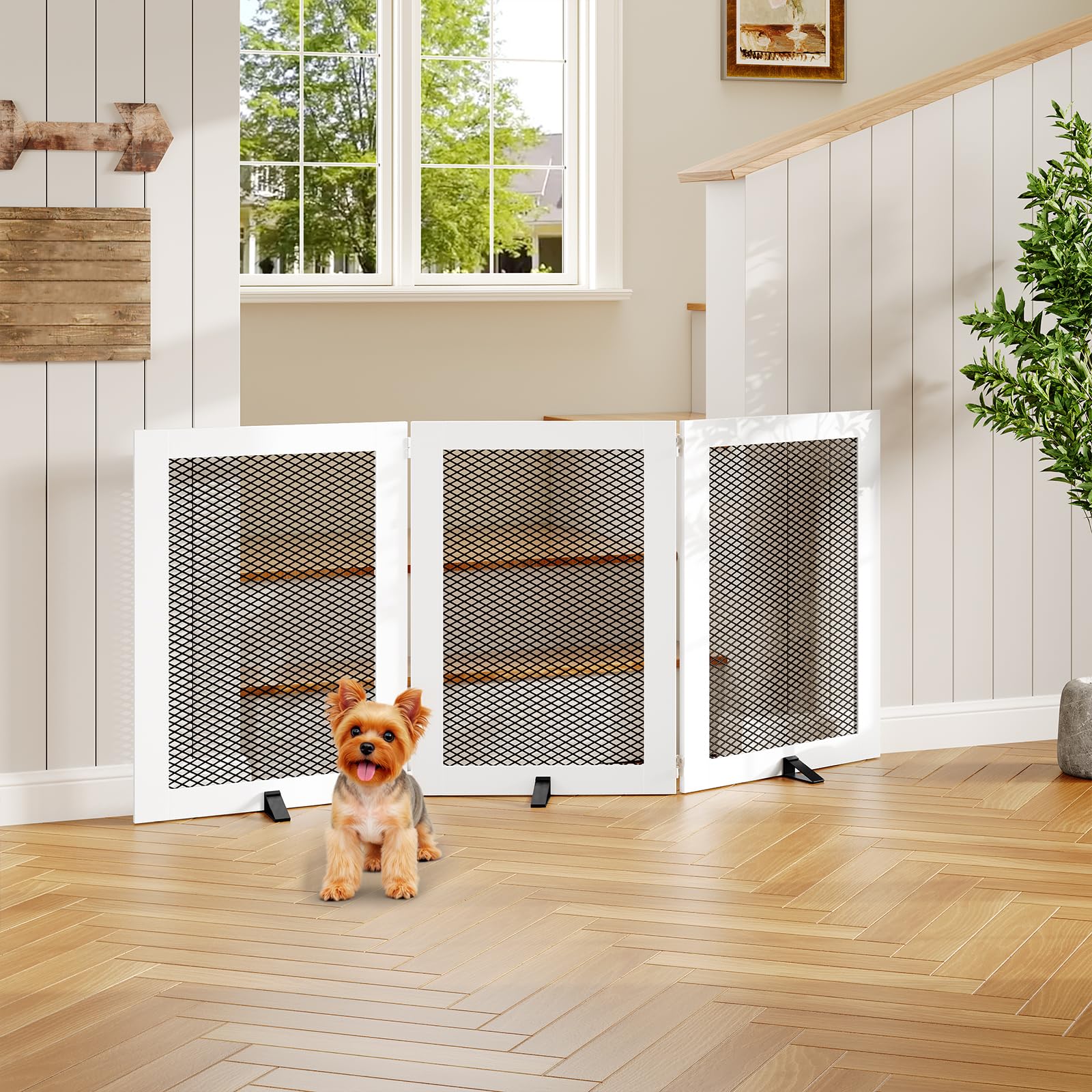 Freestanding Dog Gate Indoor, Foldable Wooden Pet Gate for The House Stairs Doorways, 4 Panels Tall Dog Fence with Support Feet, 59.5"W x 31.5"H, Extra Wide Step Over Fence, White DGHW80101