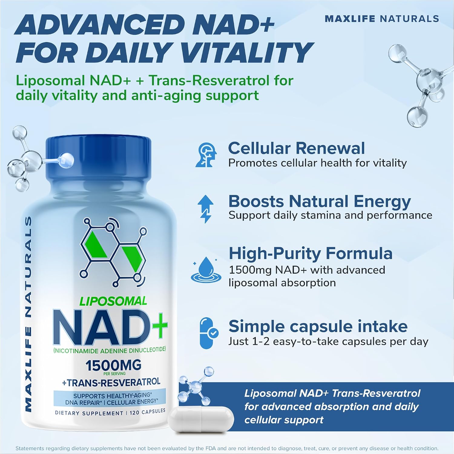 MaxLife Naturals Liposomal NAD+ Supplement 1500mg with Trans-Resveratrol - 120 Capsules NAD+ Resveratrol Supplement for Men & Women, NMN Alternative, Supports Cellular Energy & Anti Aging, Made in USA