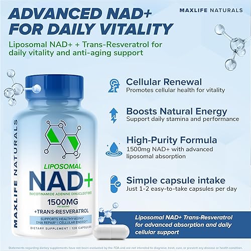 Miniatura 2 de Suplemento liposomal NAD+ Trans-Resveratrol 1500mg – 120 cápsulas – Suplementos liposomales de NAD para mujeres y hombres, regenerador de células
