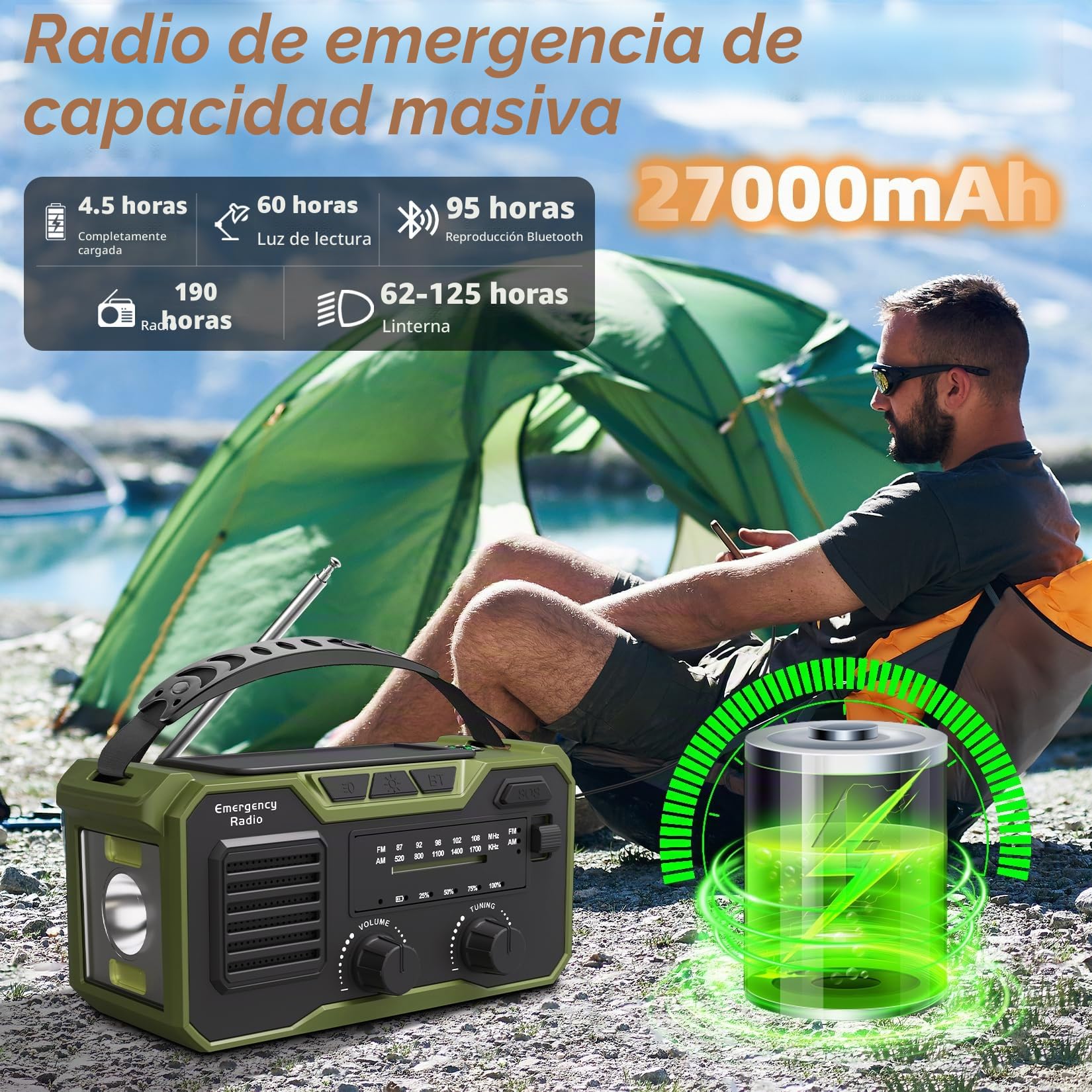 27000mAh Radio Emergencia, FM/Am Radios Solar y Recargable con Bluetooth 5.3/Alarma SOS/Brújula/Linterna, Radio De Dinamo para La Preparación Al Aire Libre para Desastres Naturales (Verde)