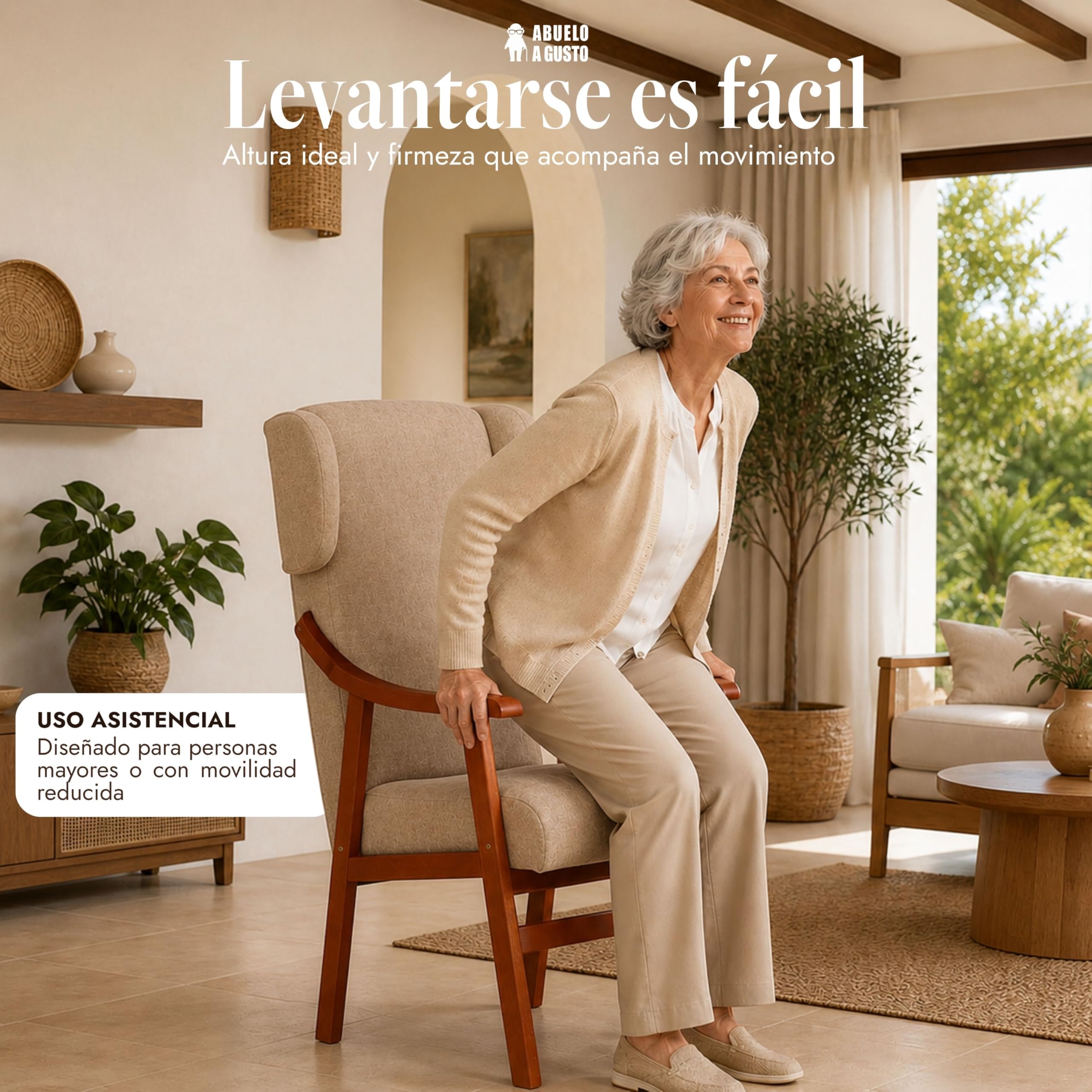 Silla Respaldo Alto Goya Tostado - Silla con Brazos para Personas Mayores - 117x57x70 cm - Sentada Alta - Postura Recta - Tela Antimanchas - Geriátrica, Cómoda y Estable, Uso Diario