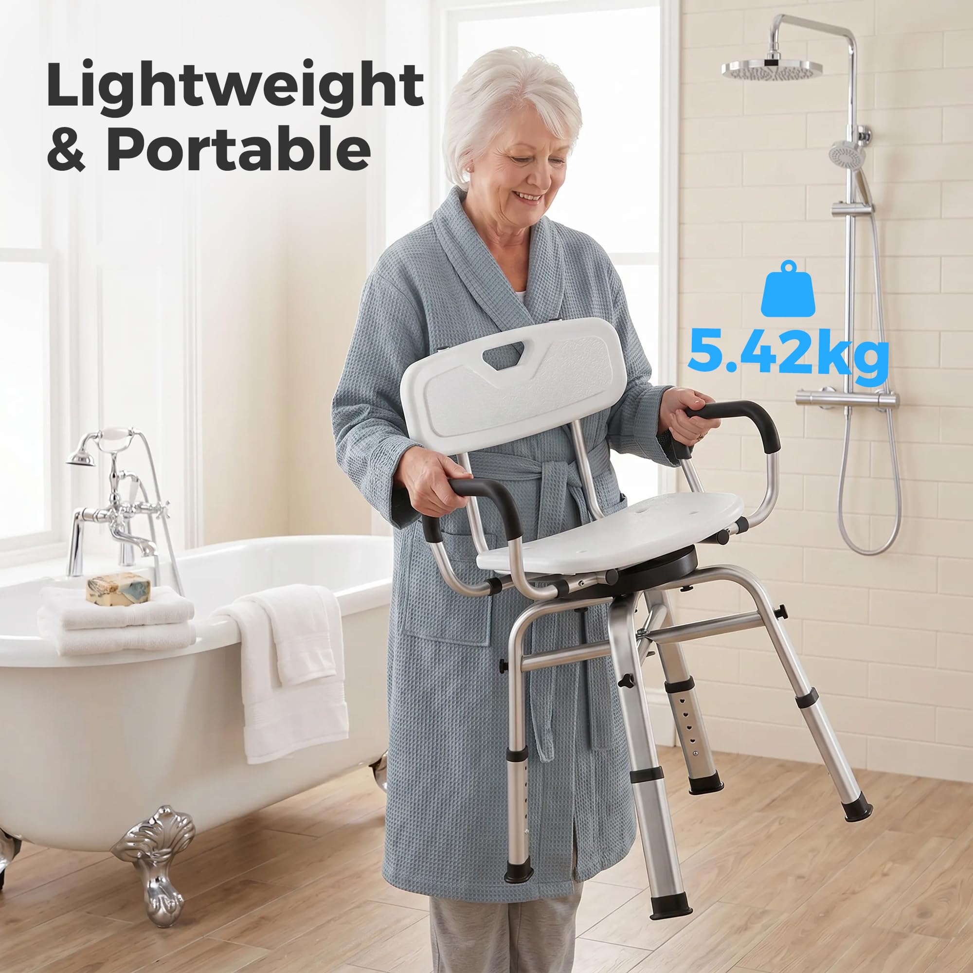 HOMCOM Sedia da Doccia Girevole 360° con Braccioli Estraibili e Schienale, Sgabello Doccia 6 Altezza Regolabile, Antiscivolo, in Lega di Alluminio, Portata 150kg, per Anziani e Disabili, Bianco