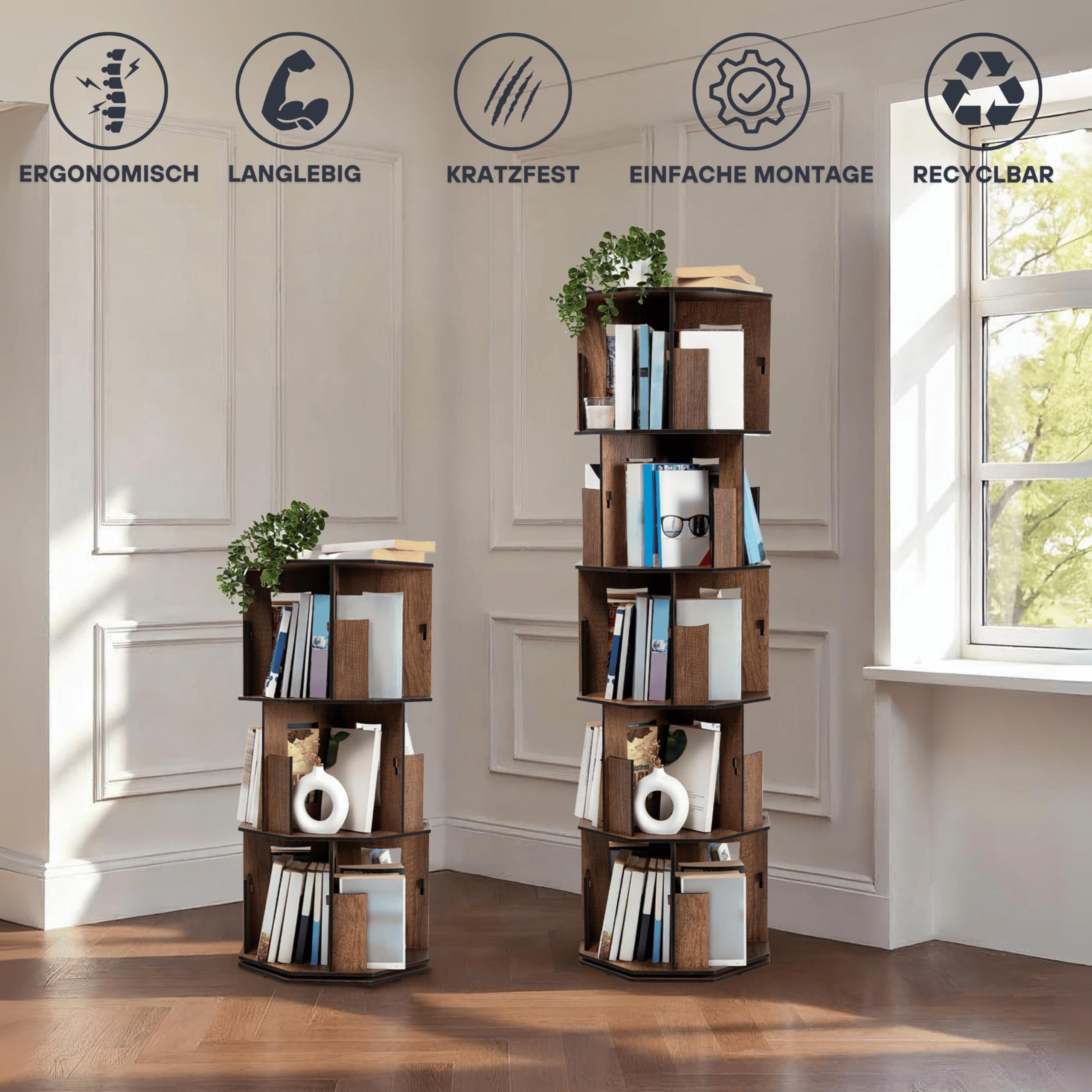 Vigo Wood bücherregal klein in Eichenoptik – 3 stufiges drehbares Bücherregal aus Verbundholz, platzsparend & modern für Kinder bücherregal, bücherschrank (Walnuss, 3 Regale)
