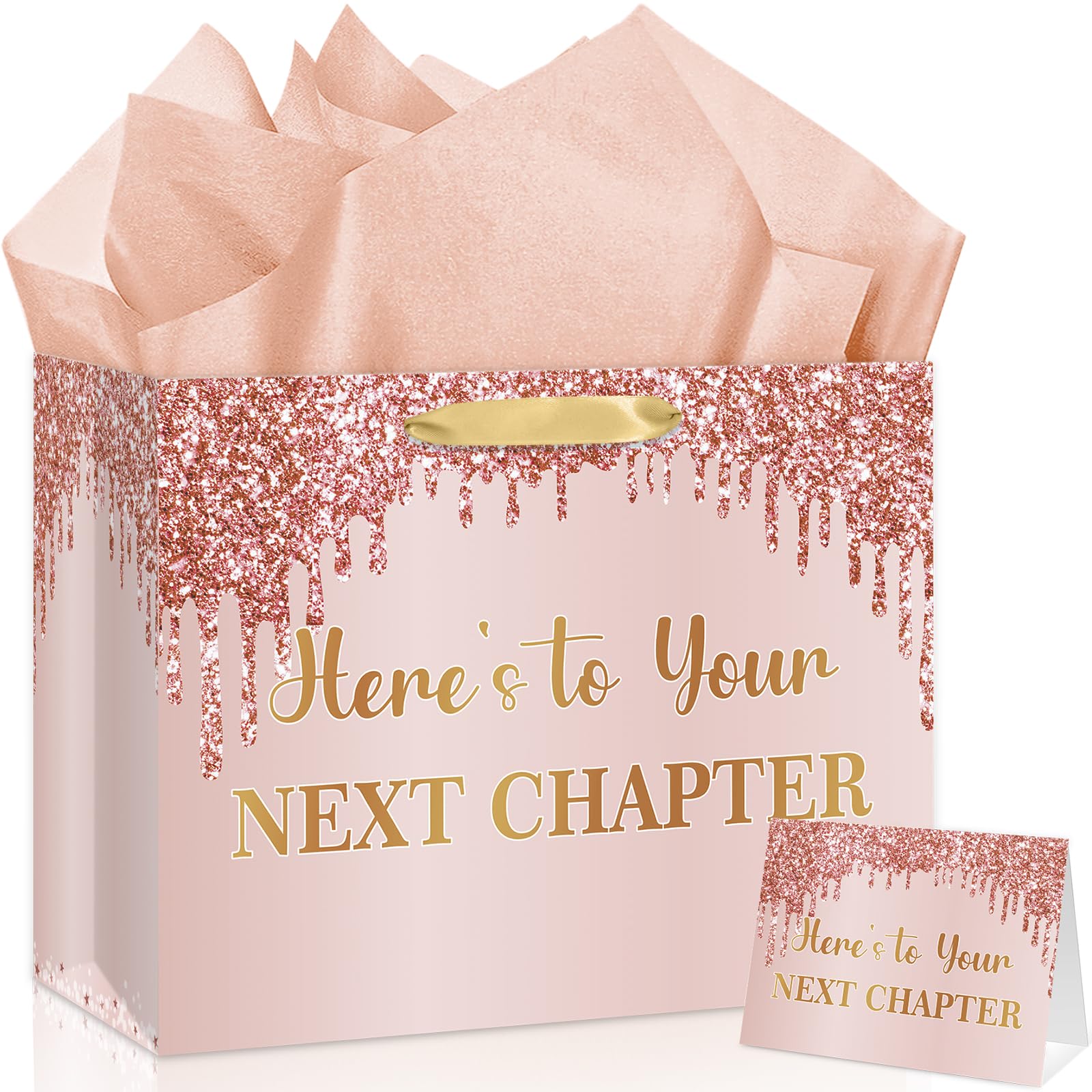 12'' Large Rose Gold Retirement Gift Bag with Wrapping Paper and Card Coworkers Leaving Gift Bag Here's to Your Next Chapter Bag for Women Farewell Going Away Goodbye New Beginnings Party