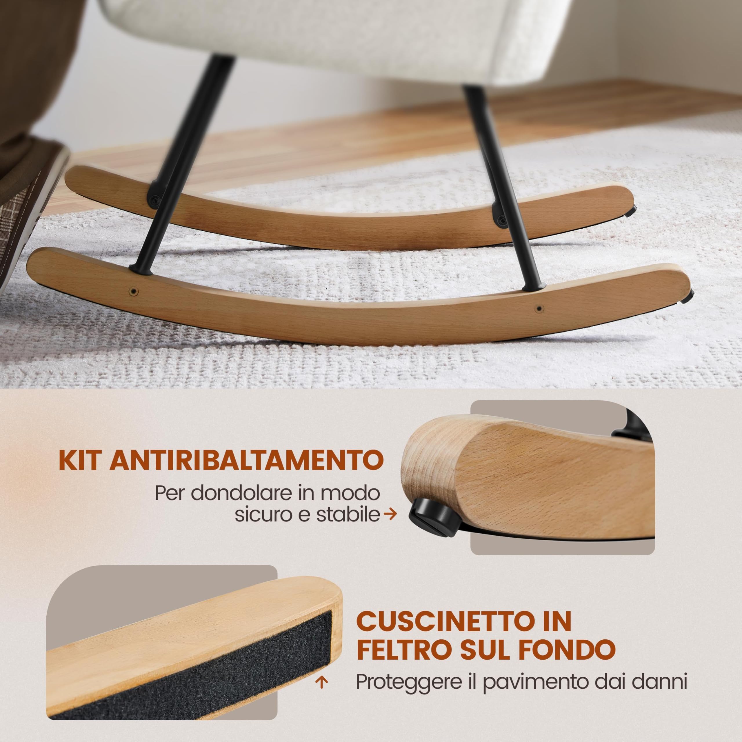 Yaheetech Sedia a Dondolo Relax Poltroncina Imbottita Poltrona Casa Rivestimento in Tessuto 70 × 82,5 × 95,5 cm Base Dondonlante Legno per Soggiorno/Camera da Letto 70 × 82,5 × 95,5 cm Bianco