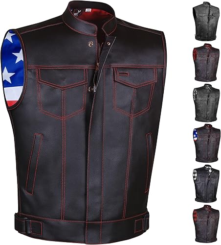 Miniatura 35 de SOA - Chaleco de motocicleta para hombre, piel de búfalo de alta calidad, armadura trasera, bolsillos interiores, chalecos de club de motociclista,
