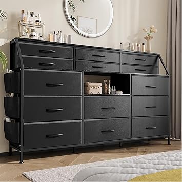 Dresser for Bedroom with 14 Drawers, 55" W Dresser with Side Pocket, Fabric Dressers & Chests of Drawers with Shelves, Sturdy Frame, Wood Top