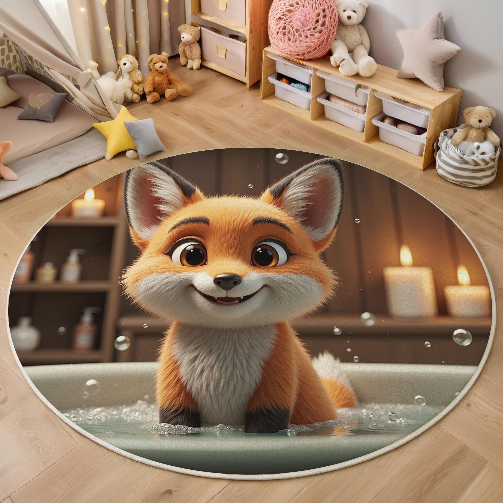 Tapis de salon rond antidérapant doux et grand tapis renard 120cm