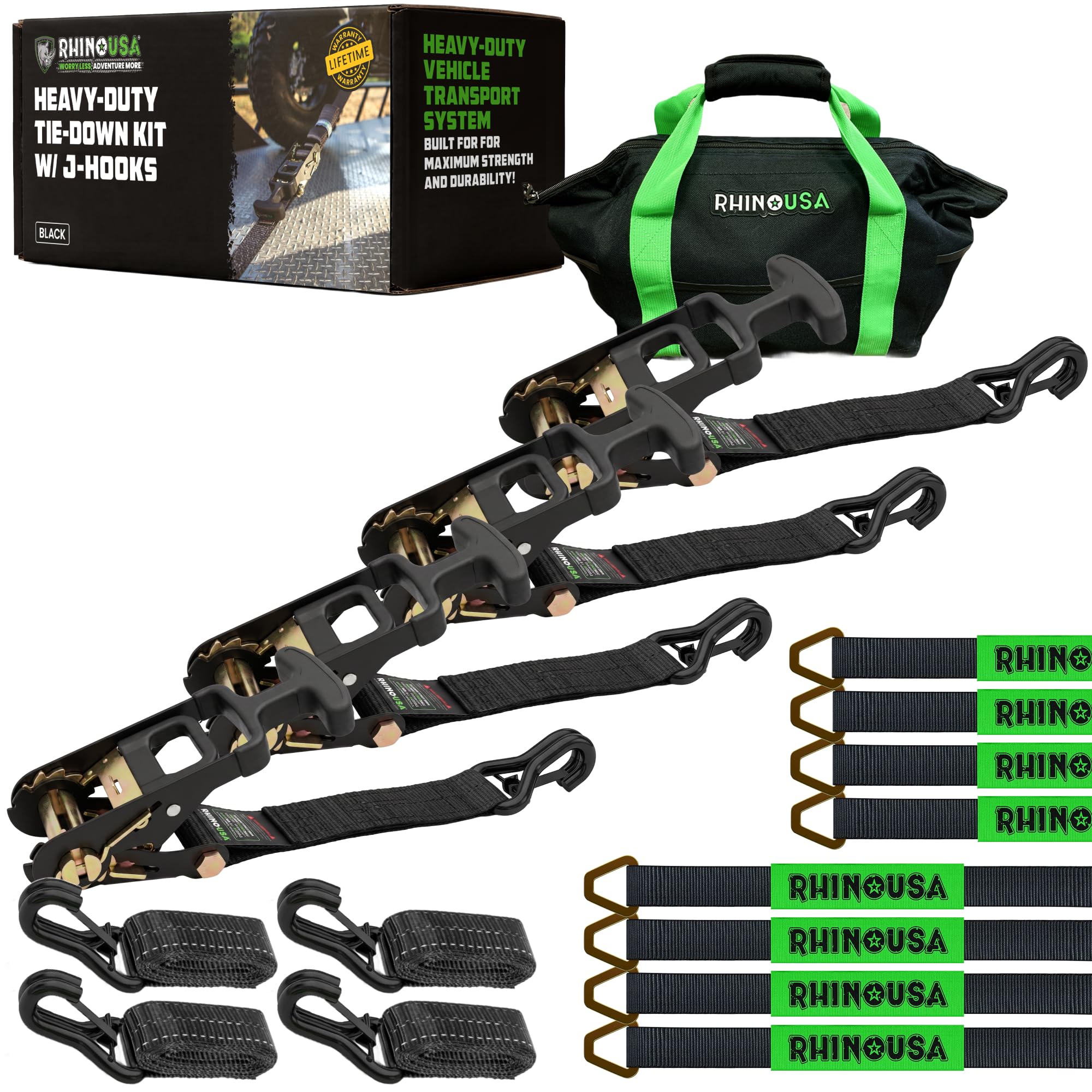 Rhino USA Car Hauler Tie Down Straps 4-Pack - 2inx8ft with J Hooks | 10000lb Break Strength Car Hauler Straps with Axle Strap Set for UTV & Powersports. Heavy Duty T-Handle No-Slip Grip. Blac product thumbnail 2
