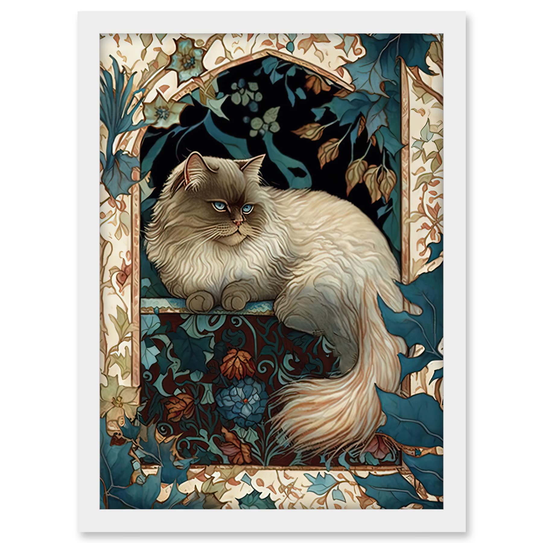 Artery8 Perched Himalayan Persian Cat Modern Art Nouveau Illustration Artwork Framed A3 Wall Art Print