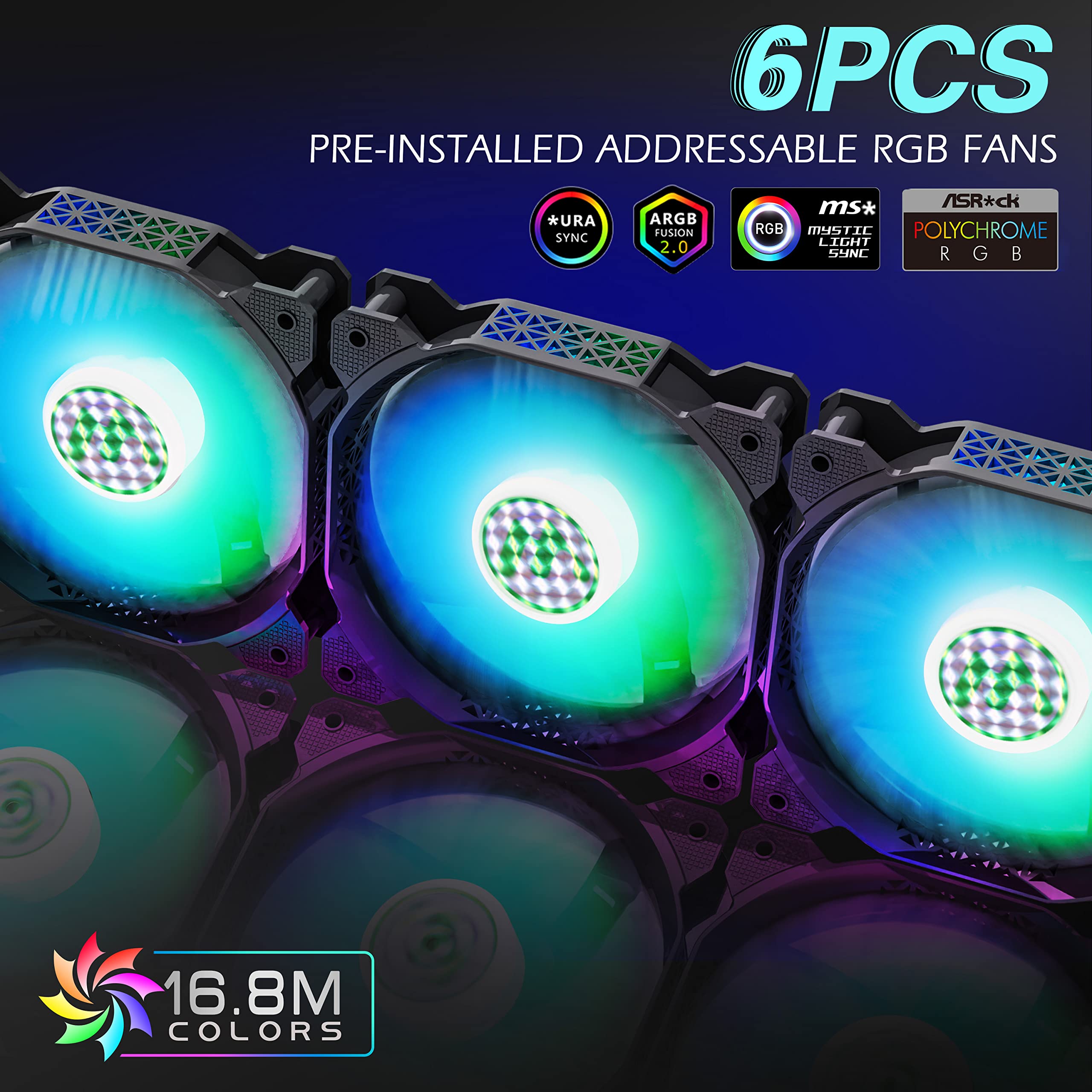 MUSETEX ATX PC Case, Mid Tower Mesh Computer Case with 6pcs 120mm LED