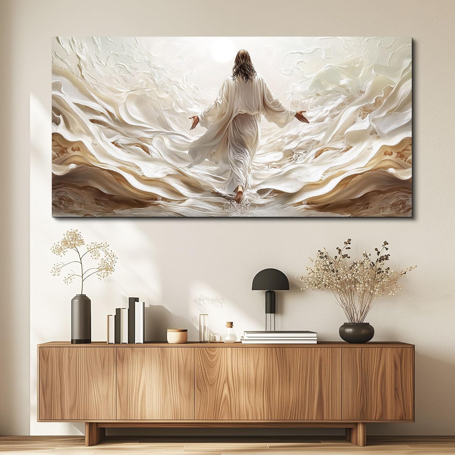 XIGUANGART Christian Spiritual Wall Decor Jesus Walking on Water Canvas Wall Art Baptism Gifts for Boys-Girl,Christian Gifts for Pastor,Teachers,Religious Pictures for Living Room Church Prayer Room