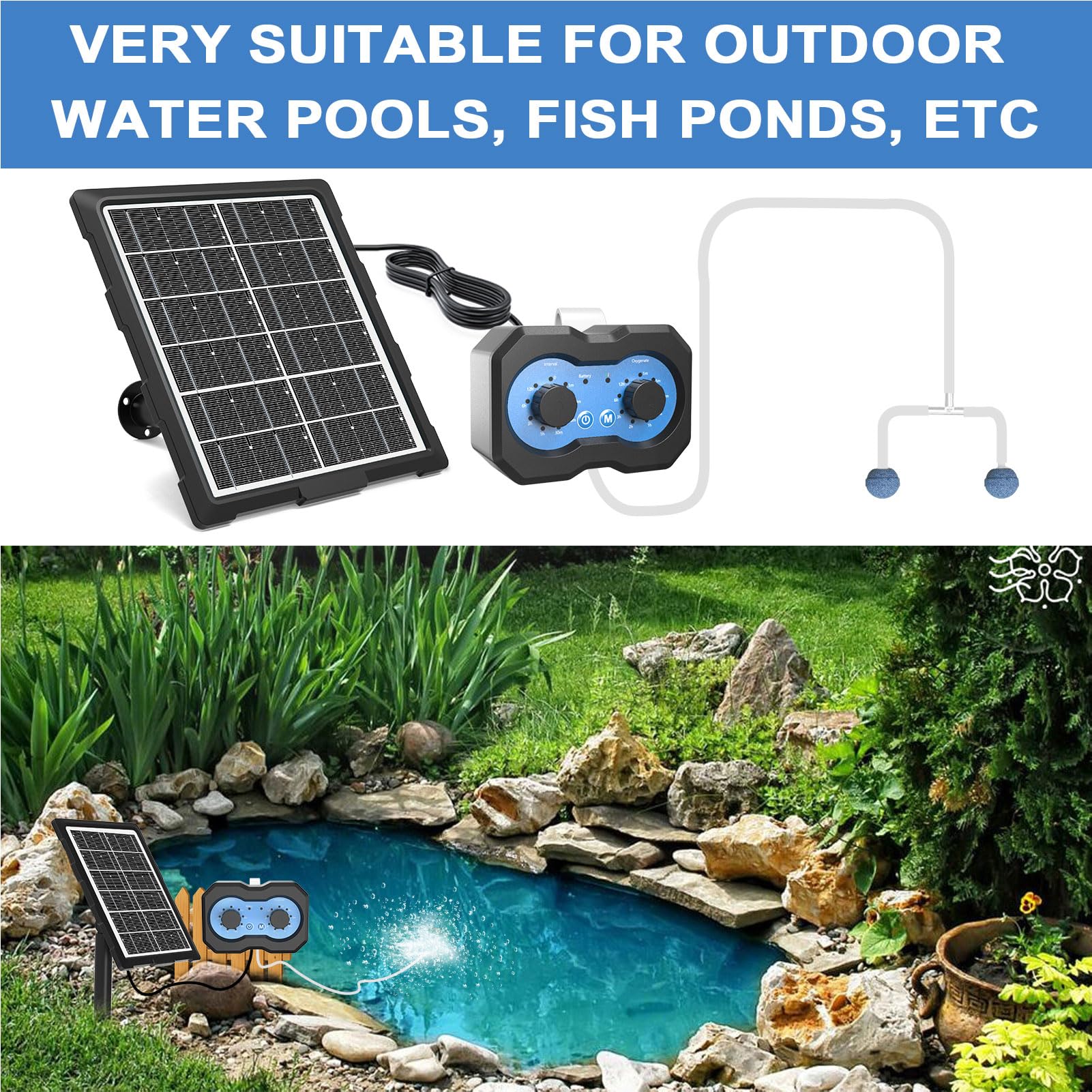 Pompa Solare per Ossigeno per Laghetto, Pompa Ad Aria Solare con Timer, Aeratore Laghetto, Batteria da 2200 MAh, Regolatore di, 2 modalità Coltura Acquari