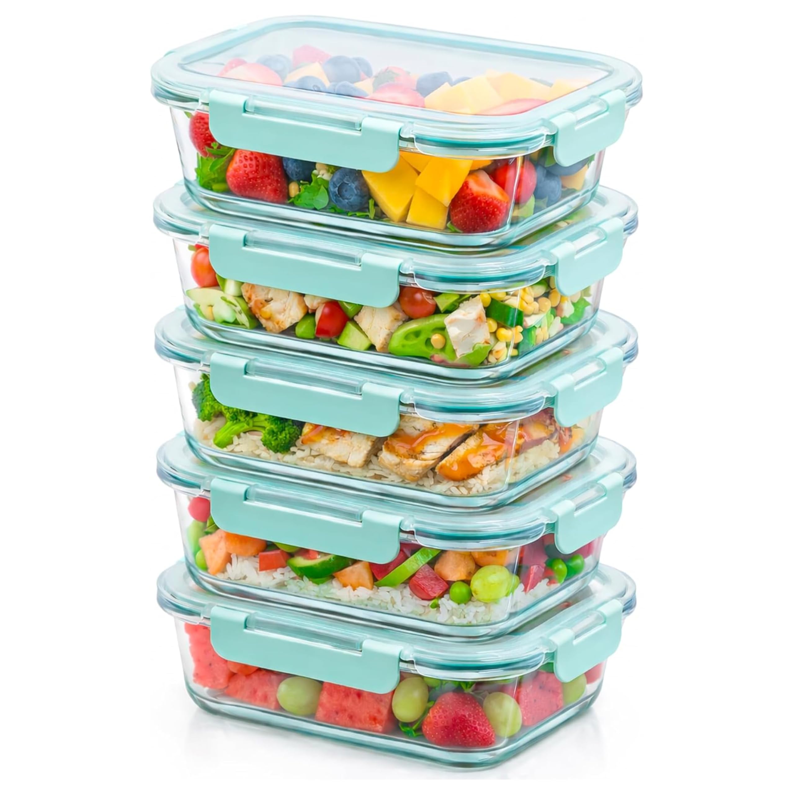 Innoteck Green Glass Food Storage Container Set With Airtight Locking Lids (1040Ml Each) – Rectangular Borosilicate Meal Prep Boxes, Leakproof & Dishwasher Safe - Pack Of 5