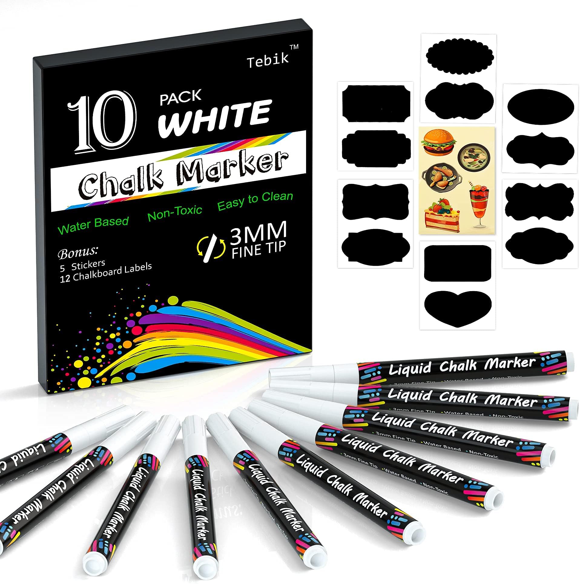 White Liquid Chalk Markers Set, Pack of 10 White Chalkboard Paint Pens with 12 Chalkboard Labels, 5 Stickers, Perfect for Chalkboards, Bistro Boards, Glass and Metal