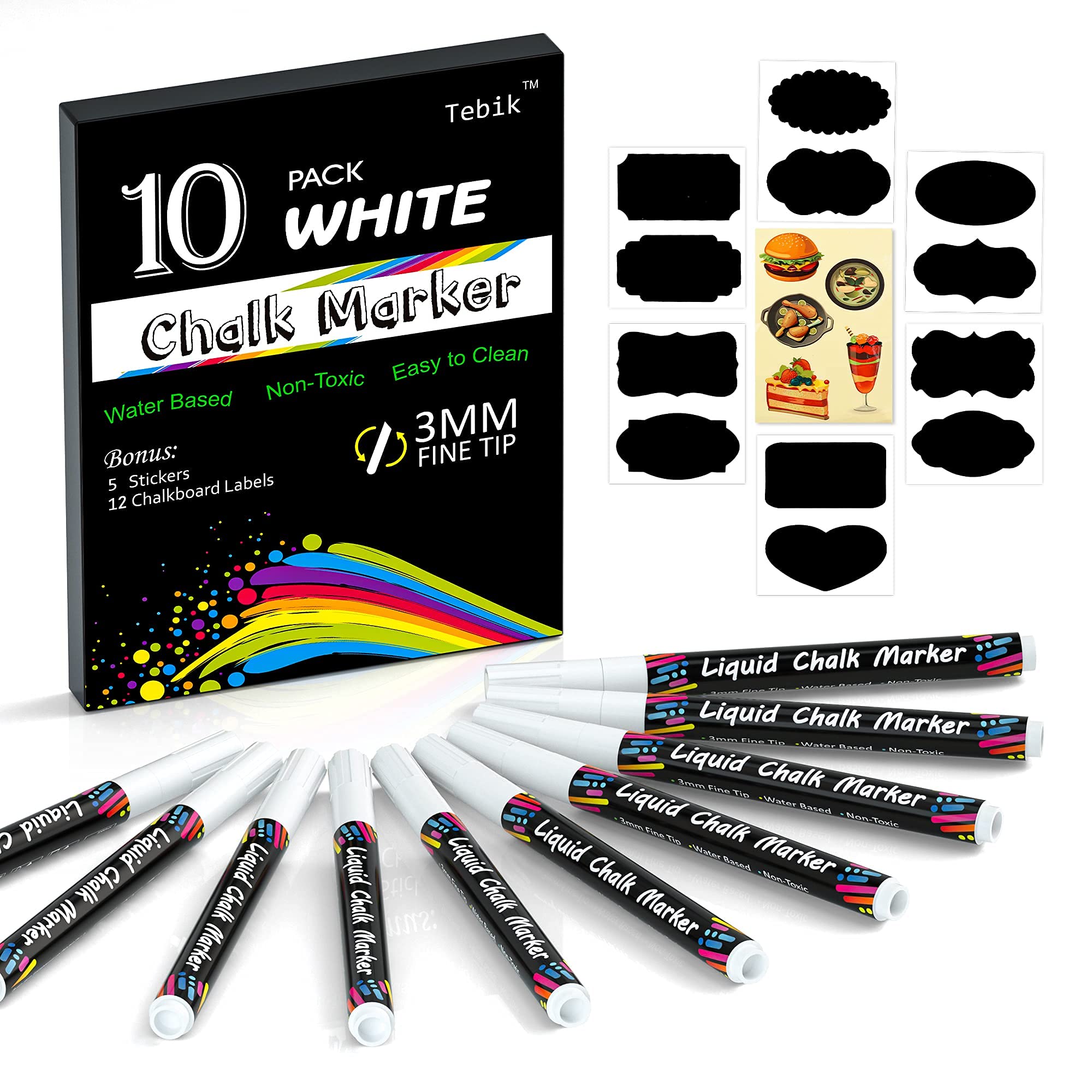 White Liquid Chalk Markers Set, Pack of 10 White Chalkboard Paint Pens with 12 Chalkboard Labels, 5 Stickers, Perfect for Chalkboards, Bistro Boards, Glass and Metal