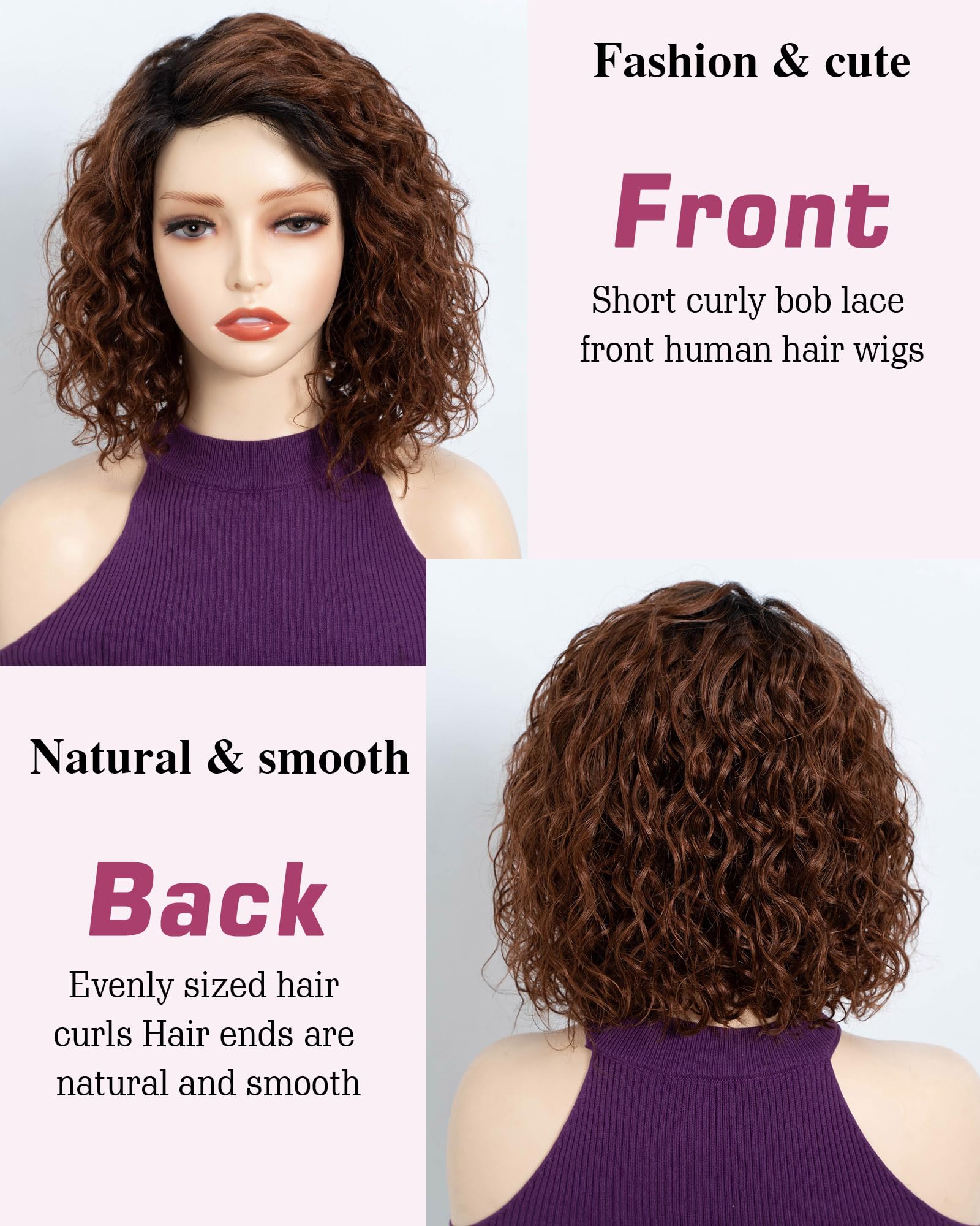 FASHION IDOL Short Curly Bob Omber Chocolate Human Hair Wig C-Type Lace Wear and Go Short Curly Bob Wig for Women (TT1B/33, 10 Inch) - Image 4