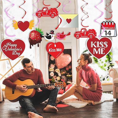 Miniatura 6 de Decoración de corazón rojo y rosa para el día de San Valentín, serpentinas de remolinos  30 piezas románticas de galentinos especiales, suministros