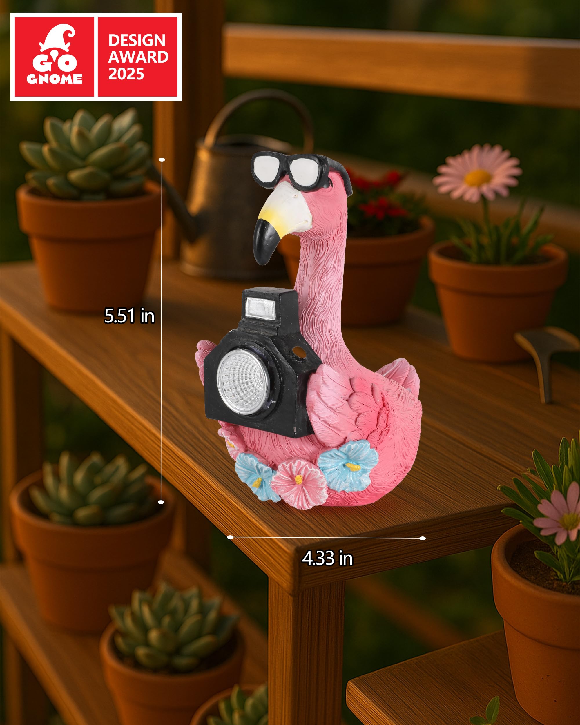 Estatua solar de jardín de flamenco con luz de cámara, figura solar de 5.5 pulgadas de alto para patio, balcón, decoración divertida de jardín, regalo para mujeres (flamenco)