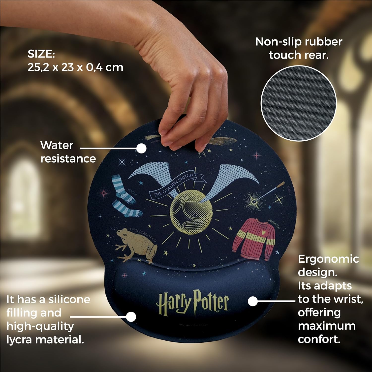 WONDEE Harry Potter Ergonomic Mouse Pad with Golden Snitch, Nimbus 2000 and More - Harry Potter Gifts, Gel Mouse Mat with Non-Slip Wrist Rest, Harry Potter Mouse Pad