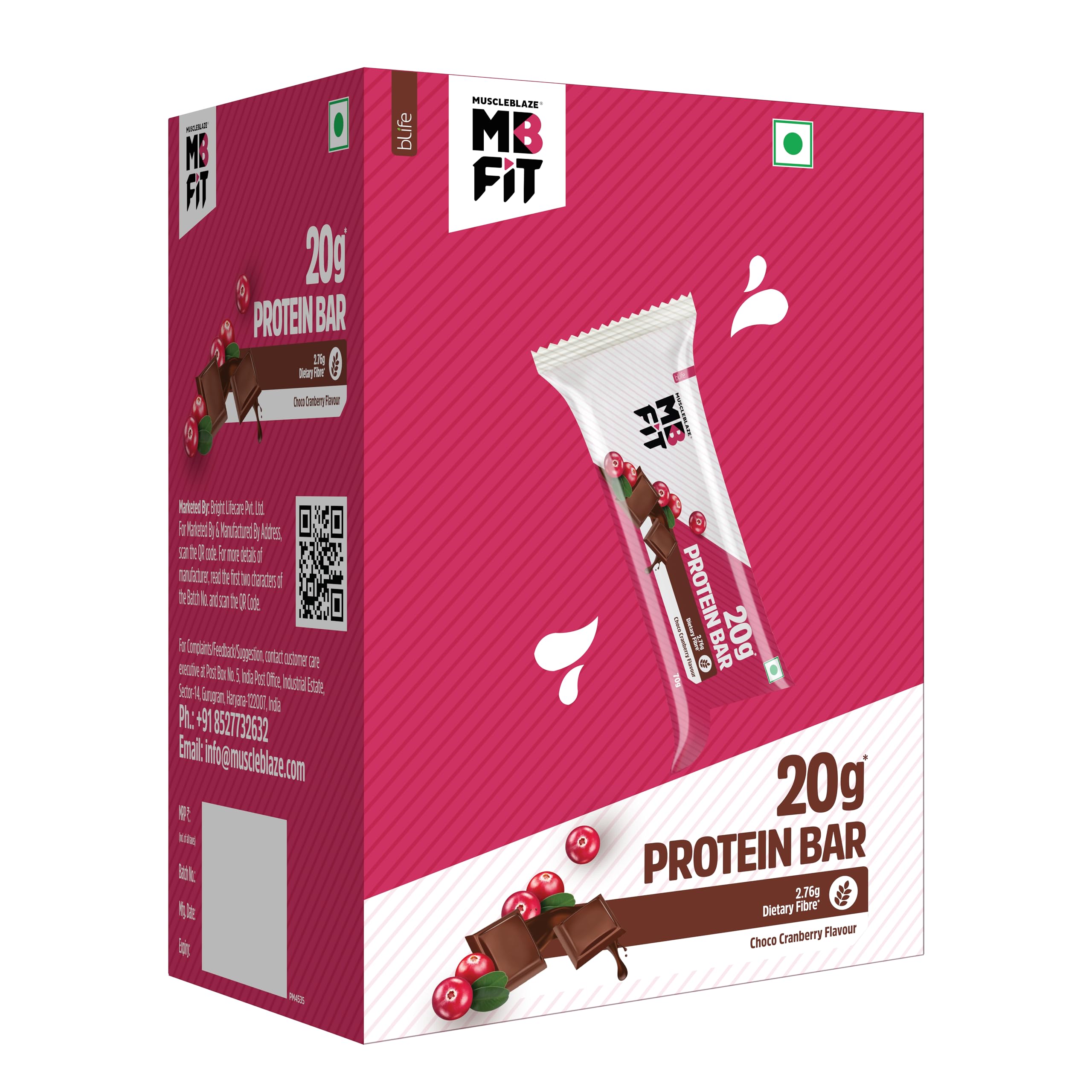 MuscleBlaze 20 g Protein Bar, Choco Cranberry, Protein Blend, Fibre, 100% Veg, Gluten-Free, Healthy Protein Snacks, For Energy & Fitness (Pack of 6)