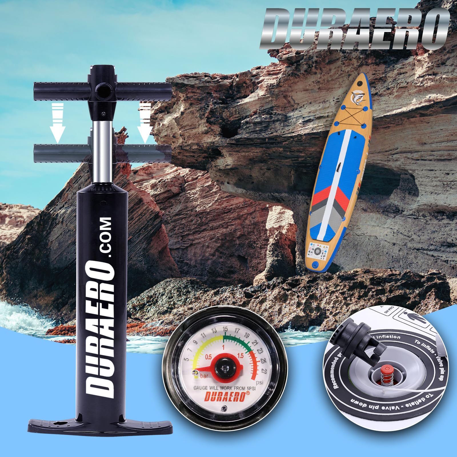 DURAERO Tavola SUP gonfiabile XXL 330cm, stand up paddle con sedile kayak e poggiapiedi, pagaia doppia, supporto fotocamera, accessori completi, portata 150 kg, effetto legno