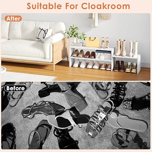 Miniatura 8 de Organizador de zapatos blanco expandible de 44.6 pulgadas para armario, estantes pequeños ajustables de almacenamiento de zapatos, estante de