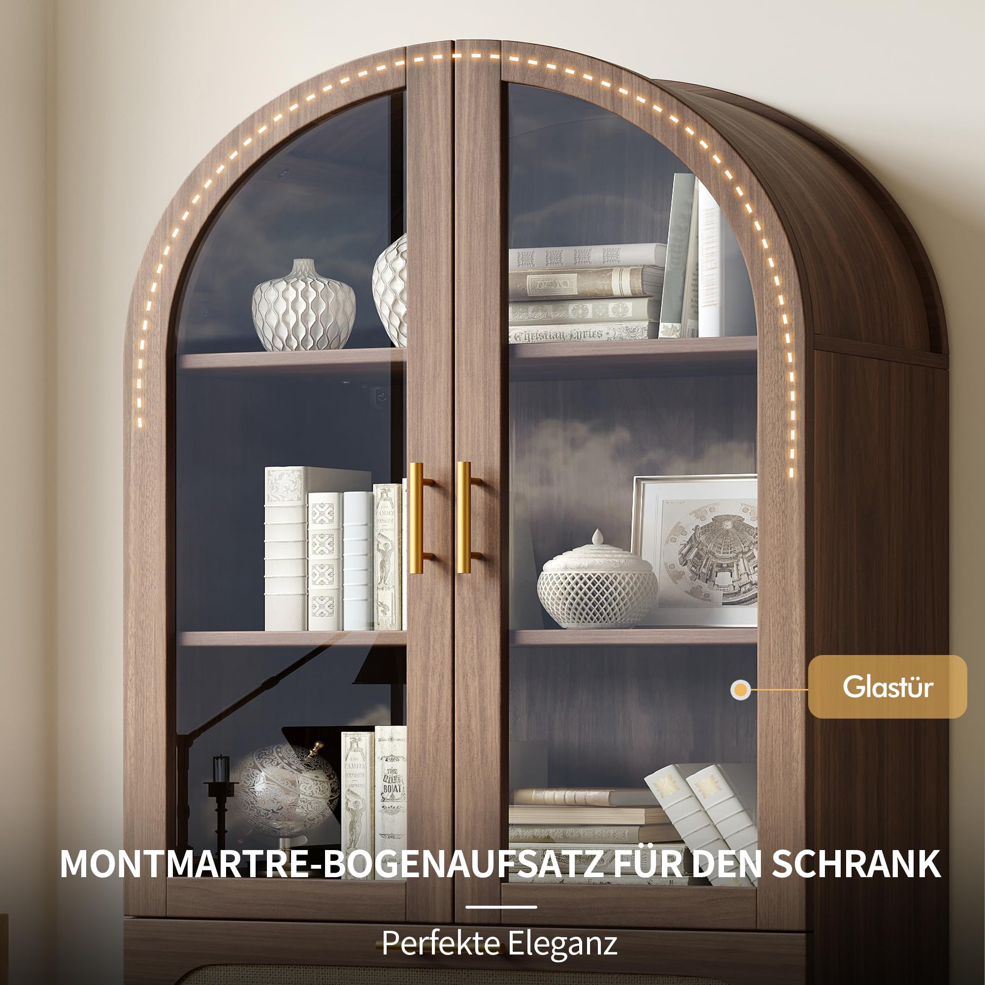 Vitrine mit Montmartre-Bogen, 175X80X40cm, Bücherregal mit 2 Schubladen & verstellbaren Böden, Retro-Design, Nussbaum