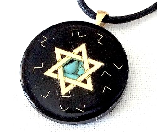 Orgone pendant necklace with golden Star of David, Turquoise & Black Tourmaline stones. Made in USA