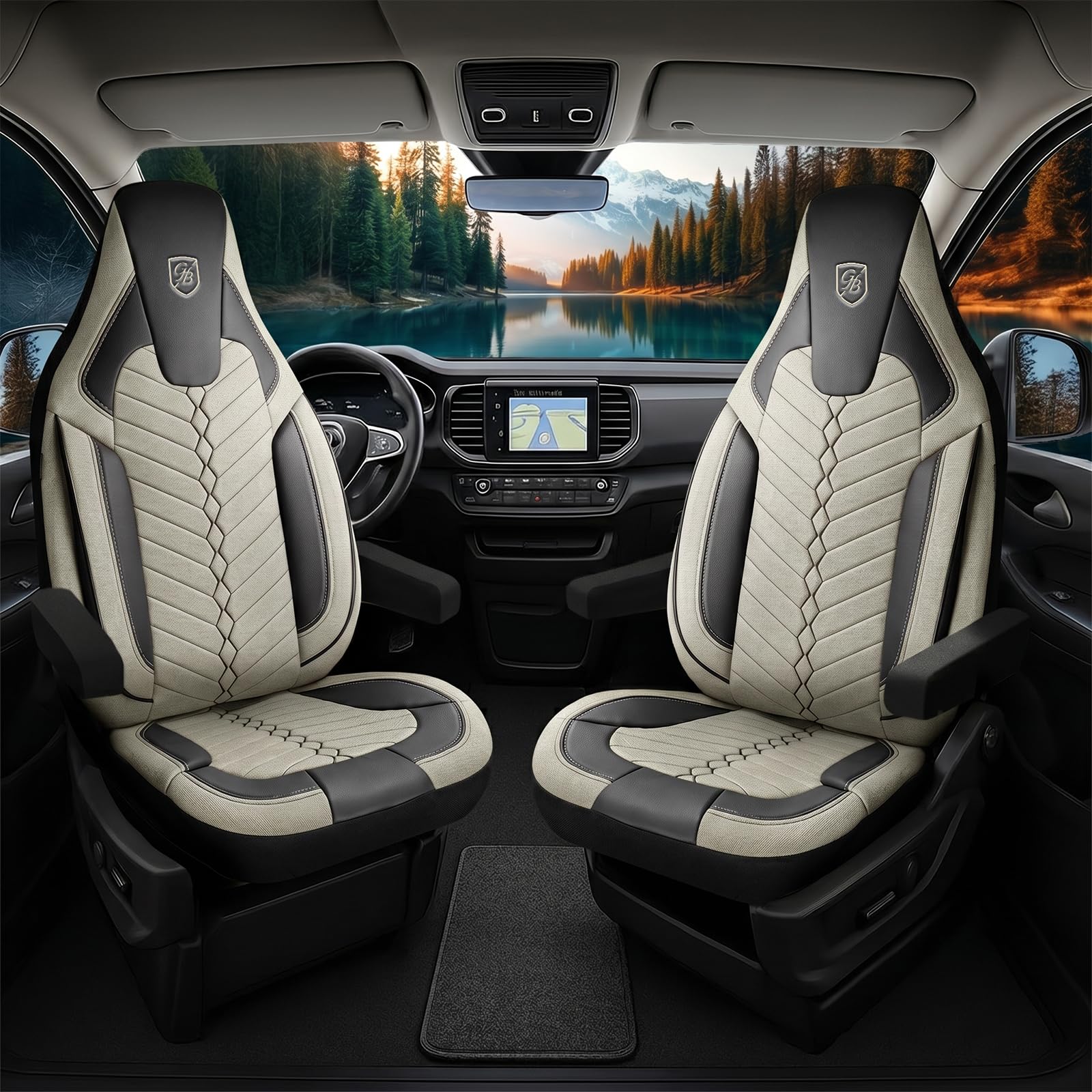 Fundas de Asiento Camper en Lino, compatibles Fiat Ducato, Citroën Jumper, Peugeot Boxer, Asientos Delanteros Conductor & acompañante, Camper & Caravana, Beige-Negro