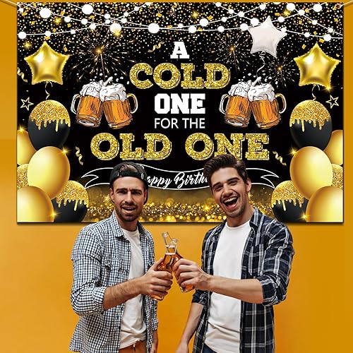 Miniatura 5 de Decoraciones de fiesta de cerveza, telón de fondo de feliz cumpleaños negro y dorado para hombres, un frío para el anciano, pancarta de fondo de