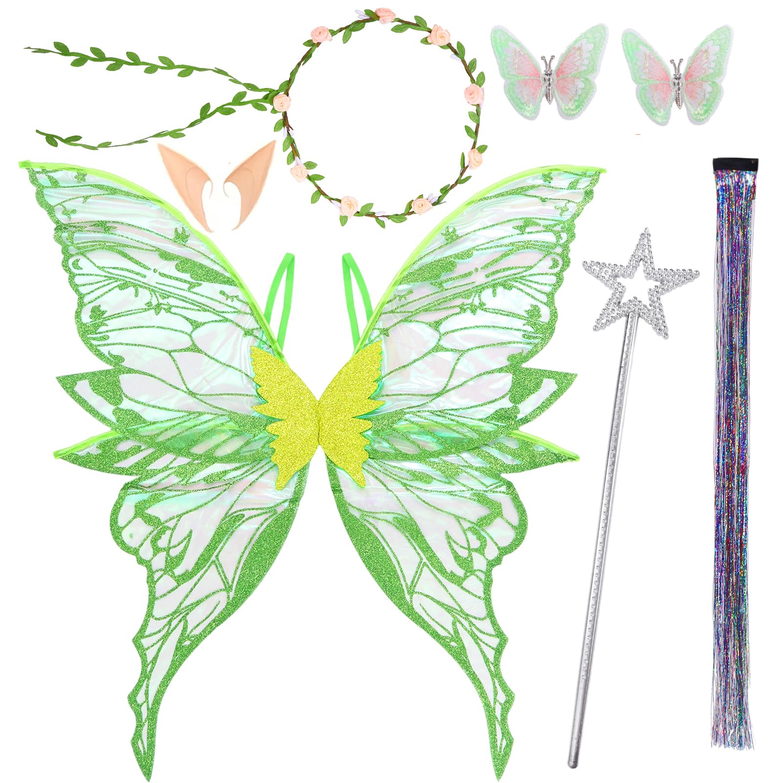 HarnyLoom Halloween Accessories Adult, Fairy Wings Fairy Wand Elf Ears Flower Headband Butterfly Hair Clips Hair Tinsel