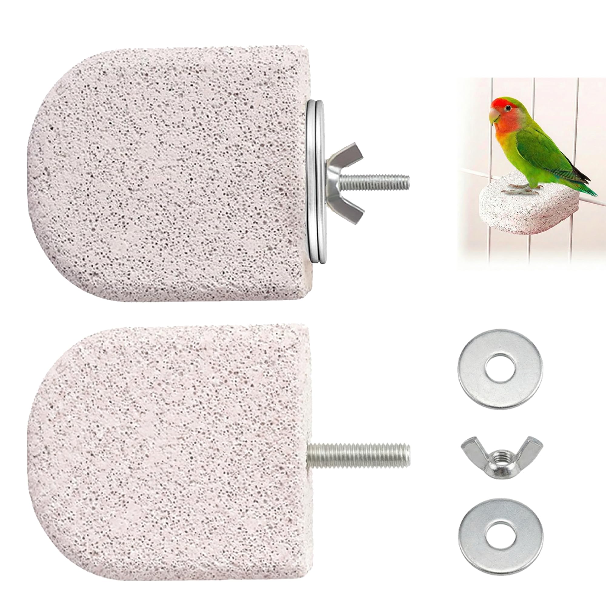 2 Pcs Natural Pumice Bird Perch Set – Ice Cream Shaped Lava Ledge Platform – Beak and Claw Grooming Toy with Metal Hardware – Cage Accessories for Budgies, Cockatiels, Conures and Lovebirds
